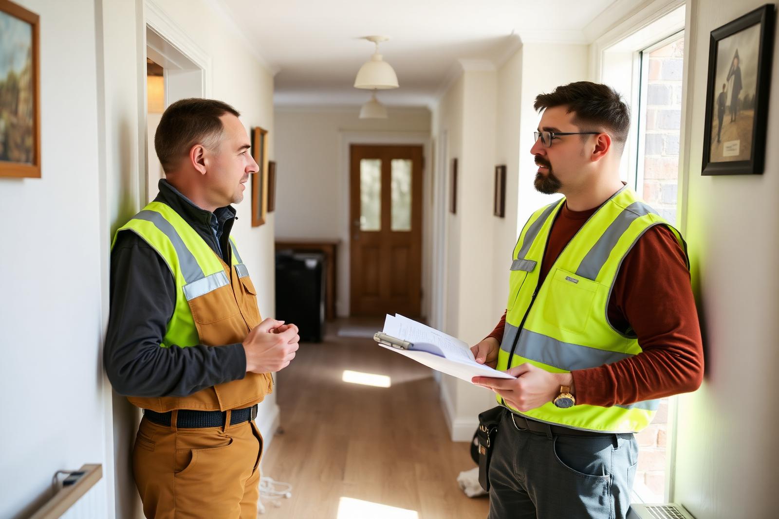 A tradesman going through a written quote with a homeowner in a hallway mid renovation