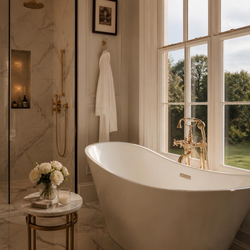 A finished full bathroom renovation with a freestanding bath, walk in shower and brass fittings