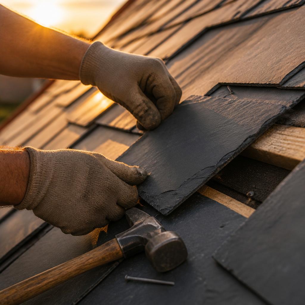 Slate roof and guttering on a Fylde Coast property being checked before winter